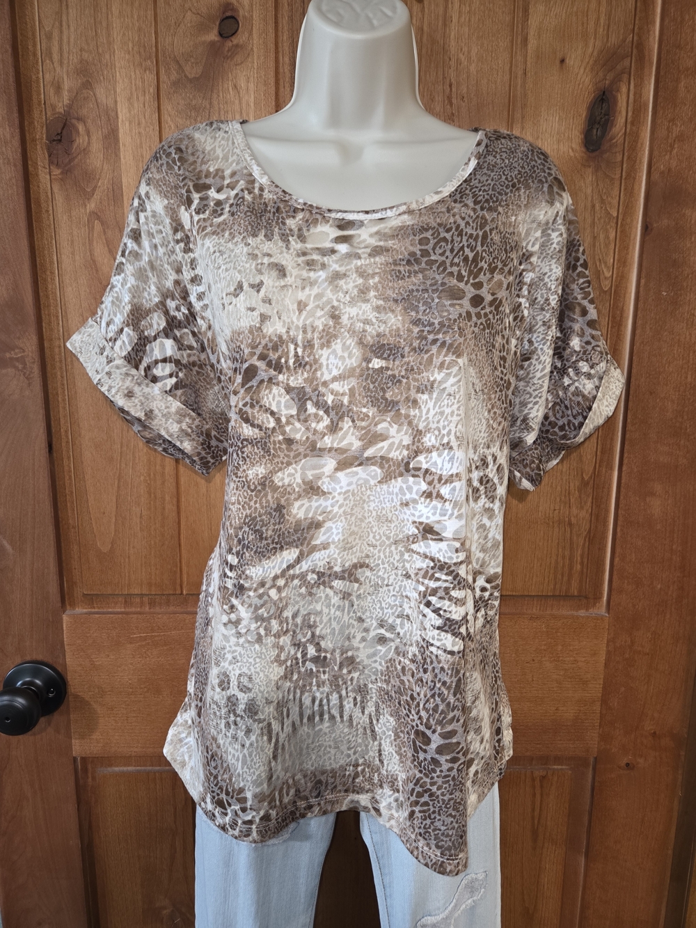 Christopher & Banks Neutral Leopard Print Short Sleeve Scoop Neck Top